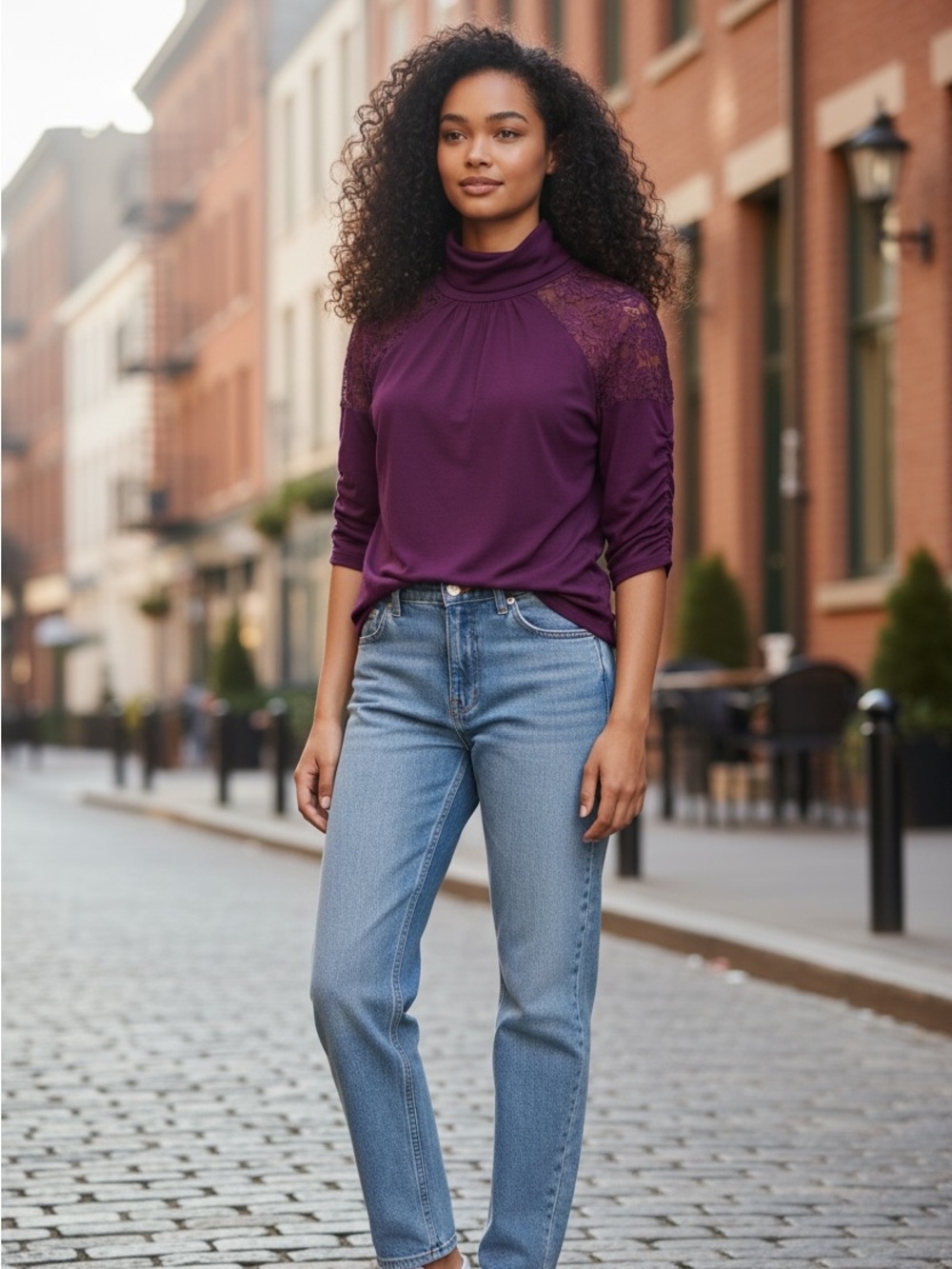 CABLE & GAUGE Ruched Sleeves Lace Back Top